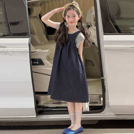 韩版童装2026夏季新款儿童纯色T恤牛仔吊带背心裙女童连衣裙套装