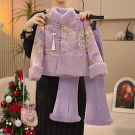 870女童加绒拜年服秋冬新款加绒刺绣国服套装毛毛拼接中国风套装