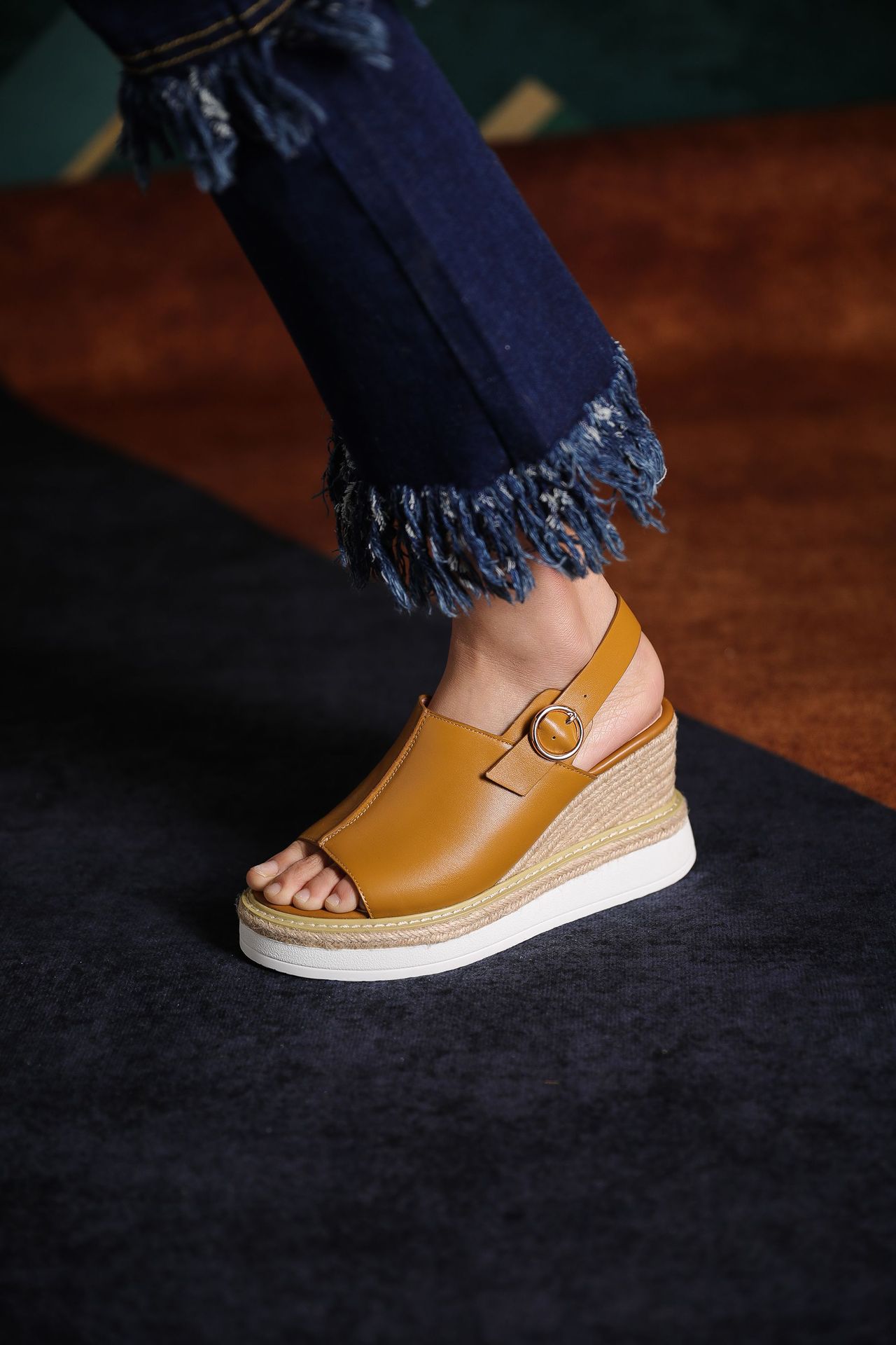 Sandal cao gót nữ hở mũi đế xuồng đan rơm phong cách châu Âu — Nâu vàng chi tiết 13