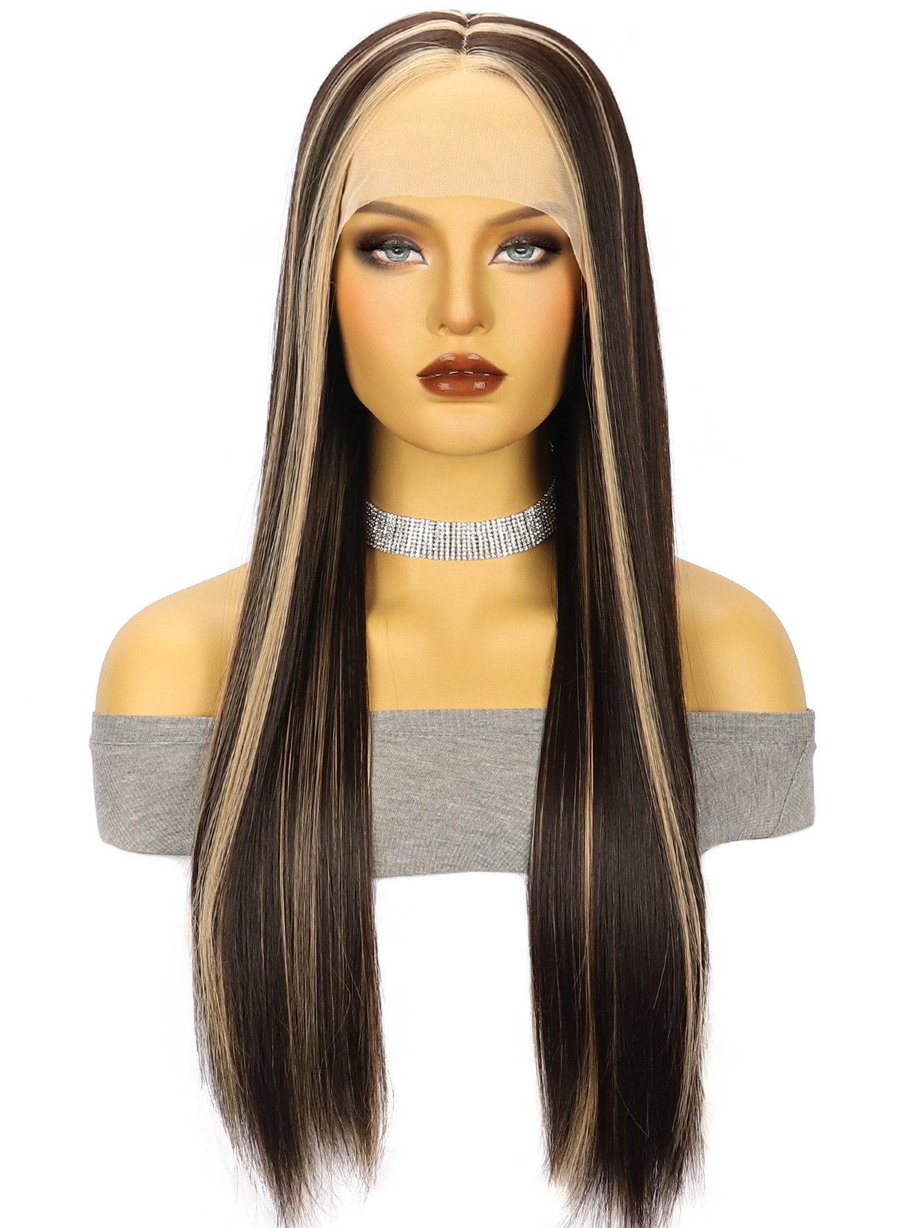 Transfronterizo europeo y americano de encaje 13*4 de las mujeres de largo pelo recto frontal de encaje medio punto de fibra química tocado xuchang pelucas de fábrica