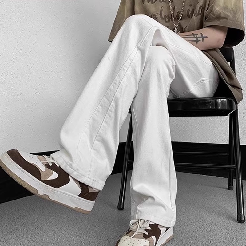 Trendy American-Style White Flared Jeans for Men, Summer Solid Color Slim Fit Versatile Straight High Street Casual Long Pants