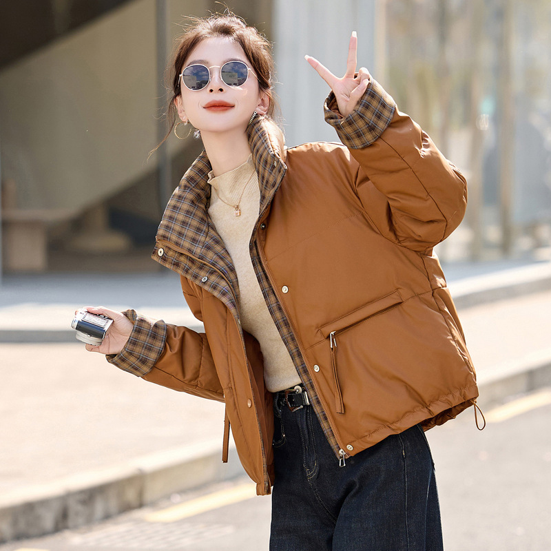 Lapel Plaid Stitching Contrast Color Women's down Jacket 2025 Winter New Fashion Thickened Pu Leather Coat Mz11