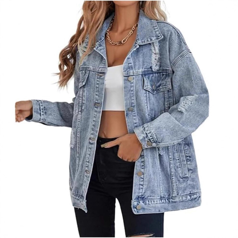 Cross-Border Temu Amazon Women's New Oversized Denim Jacket Boyfriend Ripped Denim Jacket Jacket Nk376