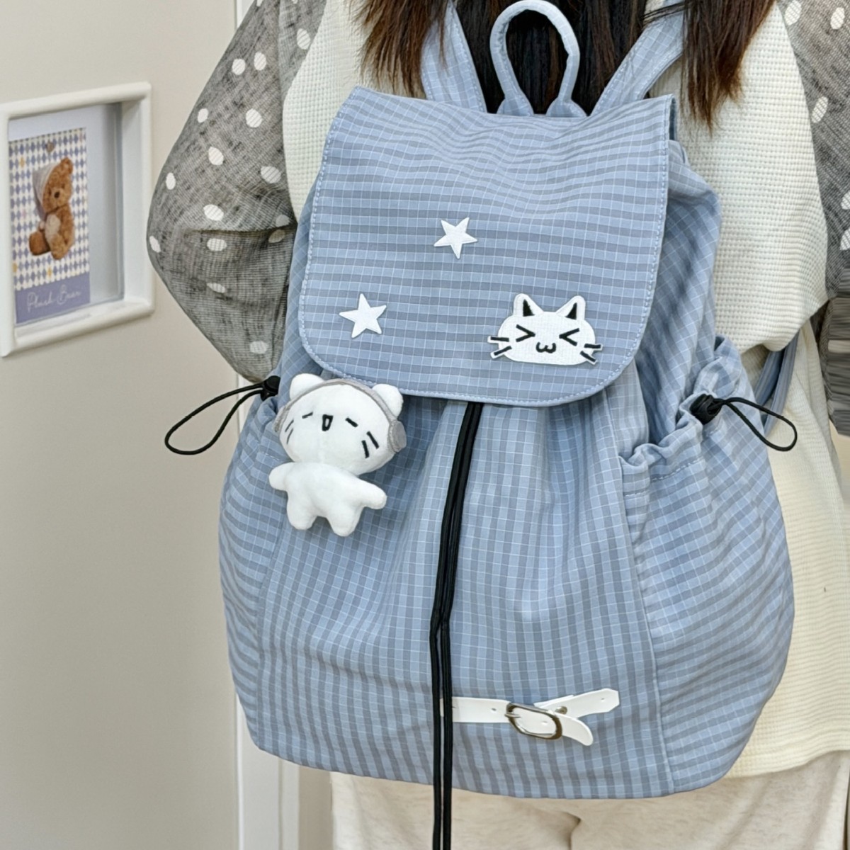 New Cute Cartoon Plaid Kitten Backpack for Female Middle and High School Students, Lightweight Drawstring Casual Backpack