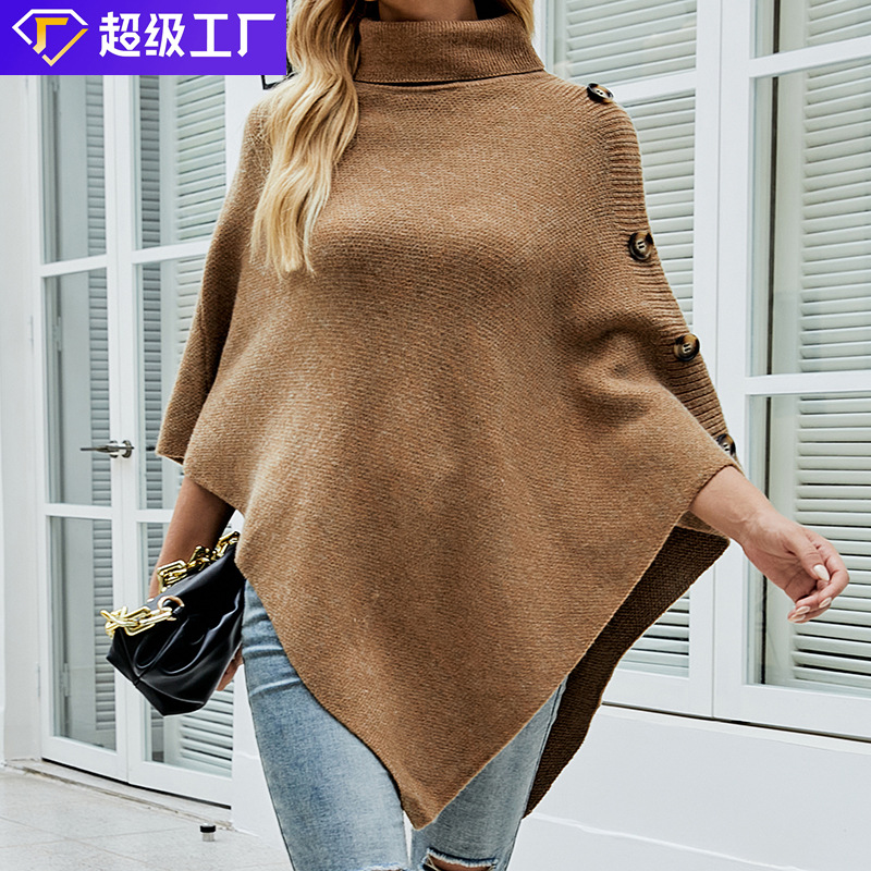 Mao Yu 2023 otoño e invierno europeo y americano Comercio exterior chal Cabo suéter color sólido cuello alto transfronterizo suéter abrigo para las mujeres image 2
