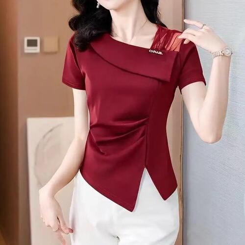Summer 2025 new purple-style short-sleeved T-shirt women's fashion, age-reducing, slimming, all-matching, foreign-style irregular top H