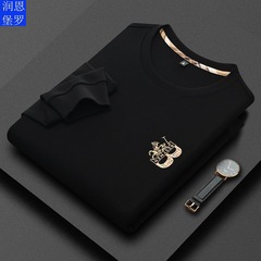 潤恩堡羅メンズ秋の新型ホットチェック布刺繍純色丸首長袖新秀ファッション男衛
