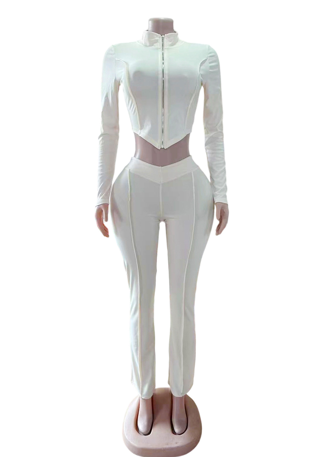 Women's Clothing Women's Slim Fit Two Piece Set Long Sleeved Pleated Zipper Crop Top And Long Legged Pants Solid Color European American Style_ecoleips.com