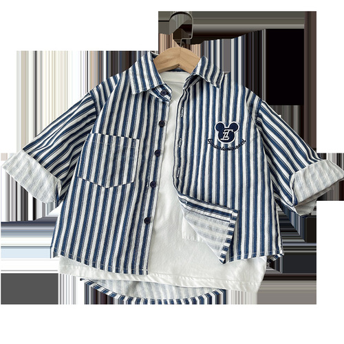 Cash in stock, embroidered blue strip shirt, boys 'fashionable striped shirt, children's thin coat, small and medium-sized children's casual shirt