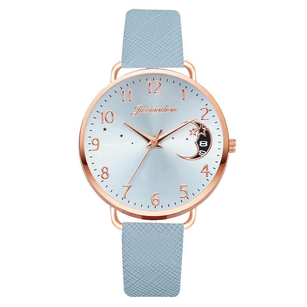 new hot women's personality quartz watch set Pu with moon pattern dial with calendar_voghion.com