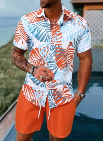 2024 europeo y americano transfronterizo verano AliExpress camisa de hombre casual suelto pantalones cortos de manga corta traje de playa impresión 3D