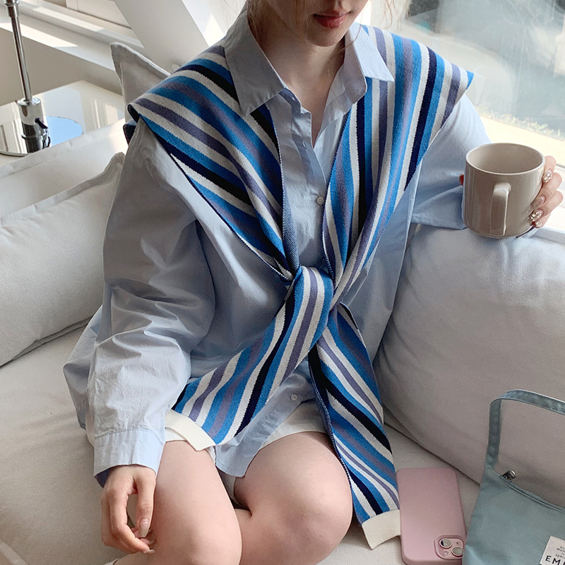 Chal de punto para mujer, primavera y verano, versión coreana del nuevo estilo, rayas de contraste, decoración exterior, aire acondicionado, cuello, chaleco, cuello, cuello, cuello, cuello, cuello, cuello, cuello, cuello, cuello falso, cuello