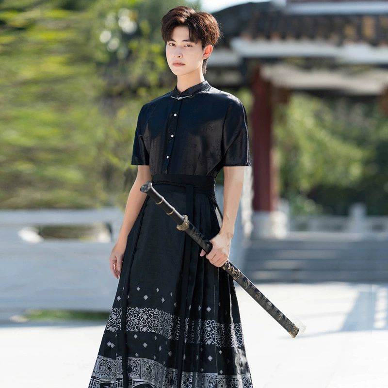 Настоящая фотография мужского костюма с юбкой Lan Ting Ji Zhi Jin Ma, оригинального ханьфу, новой повседневной женской униформы для занятий боевыми искусствами в китайском стиле.