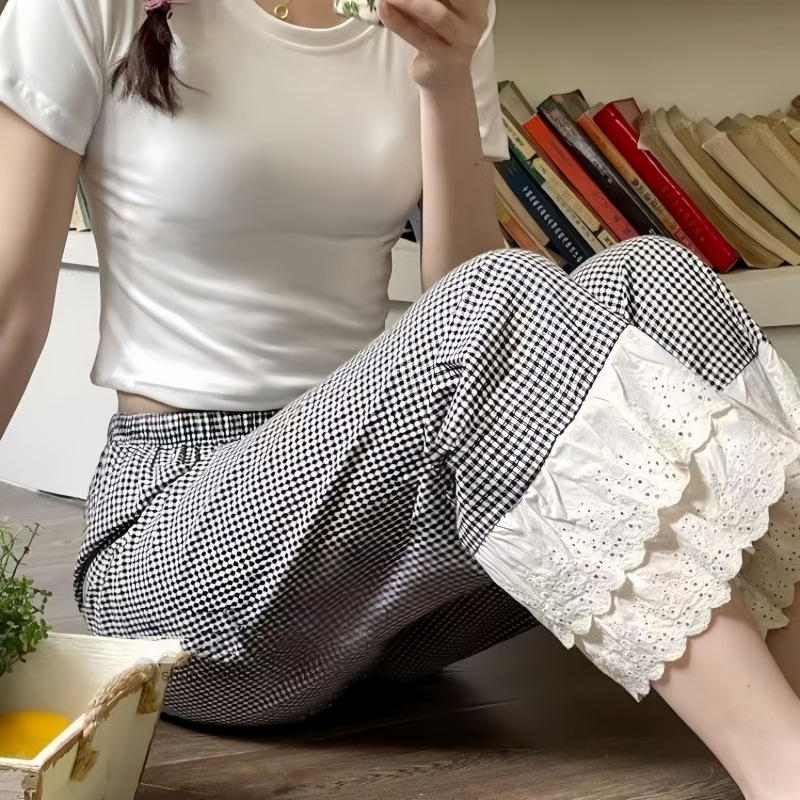 蕾丝花边格子阔腿裤女春夏季显瘦宽松拼接直筒裤松紧腰休闲可外穿