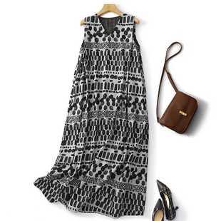 Summer New Cotton and Linen Geometric Ink Double-Sided Printed Draped Silky V Neck Sleeveless Dress