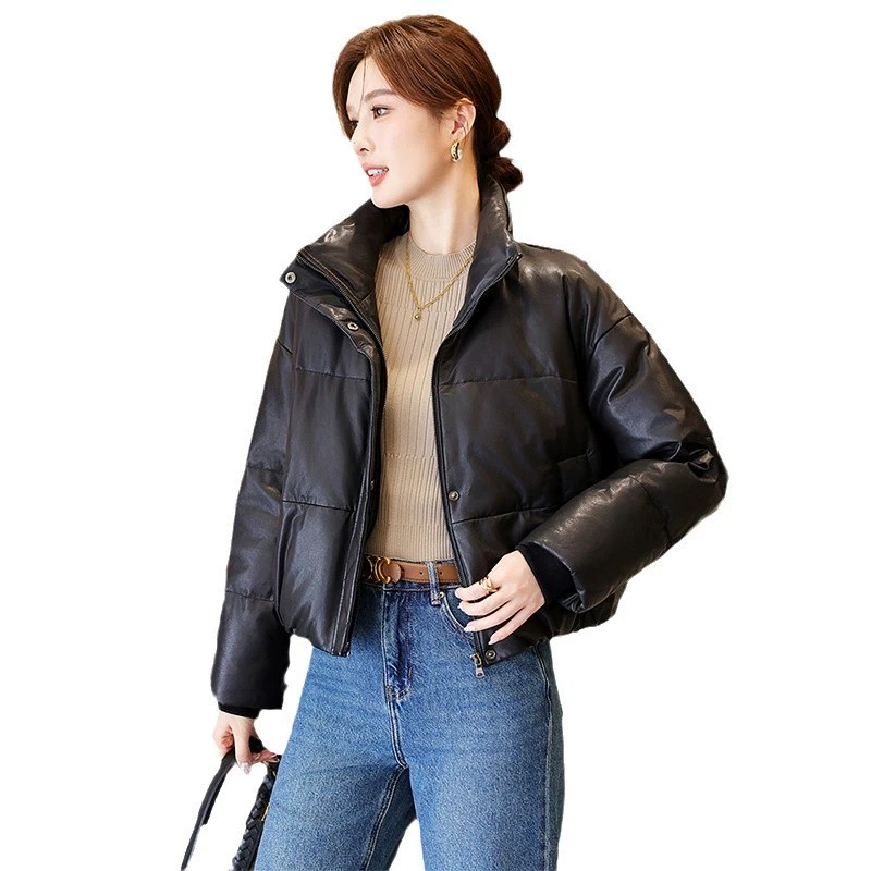 Down jacket, genuine leather exterior, goose down filling, short padded style, black