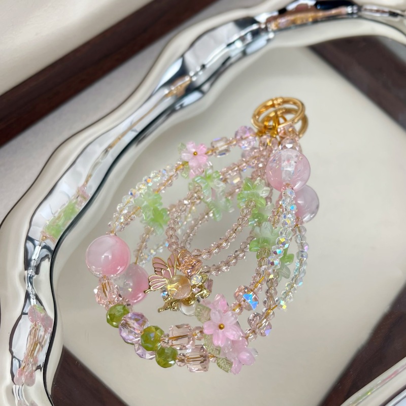 春樱琉璃奢华高级感重工粉水晶花朵串珠手机挂链钥匙包吊坠挂件|undefined