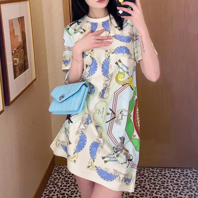 American Tb Silk Dress Carousel Print Dress Silk Patchwork Loose Straight Short-Sleeved Mid-Length Dress American Tb Silk Dress Carousel Print Dress Silk Patchwork Loose Straight Short-Sleeved Mid-Length Dress