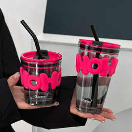 网红玻璃杯竹节吸管杯ins风字母咖啡饮料杯开业活动礼品水杯夏季