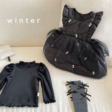 女婴童新款赫本风黑色加棉刺绣蝴蝶结纱纱蓬松连衣裙粉色针织毛衣