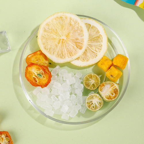 Dried Golden Citrus and Passion Fruit Tea, Dried Young Tangerine and Lemon Slices with Honey Cold Brewed Frozen Pomelo and Fruit Tea