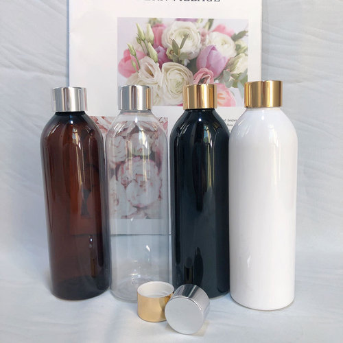 250ml round shoulder ml gold and silver anodized aluminum screw cap PET transparent plastic repackaged solid emulsion empty bottle