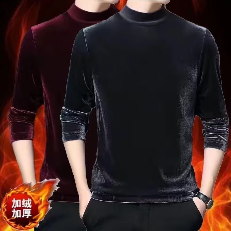 Half Turtleneck Gold Velvet Sweatshirt for Work, Men's Velvet Thickeneded Thermal Intimates, Autumn and Winter Long-Sleeved Bottoming Shirt