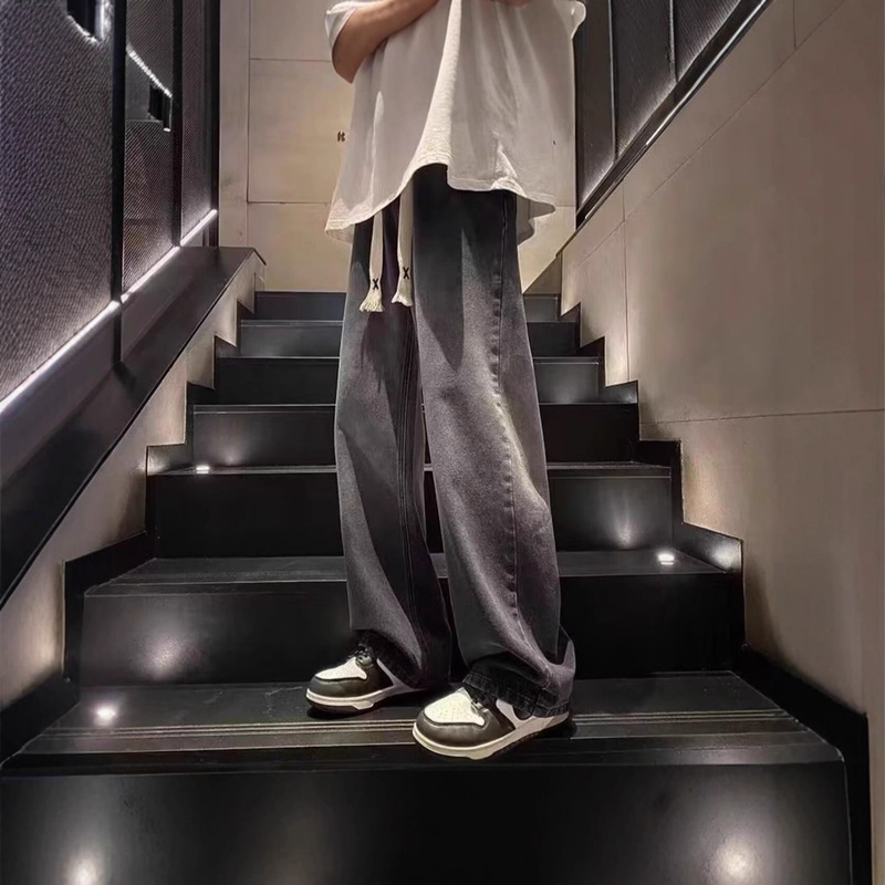 American Retro Gradient Jeans for Men, Autumn Loose Straight High Street Vibe Trendy Brand Cool Wide-Leg Pants