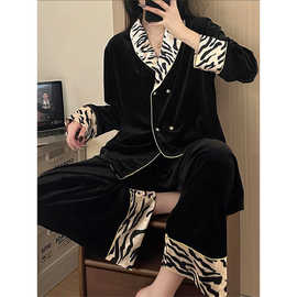 秋冬新款轻奢名媛风豹纹金丝绒睡衣女高级感加厚家居服套装可外穿