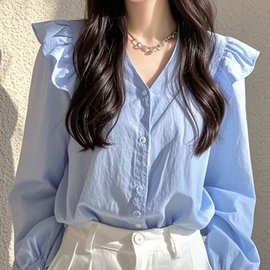 衬衣秋季宽松韩版小衫轻奢高级感法式小众绝美蓝色长袖女式衬衫
