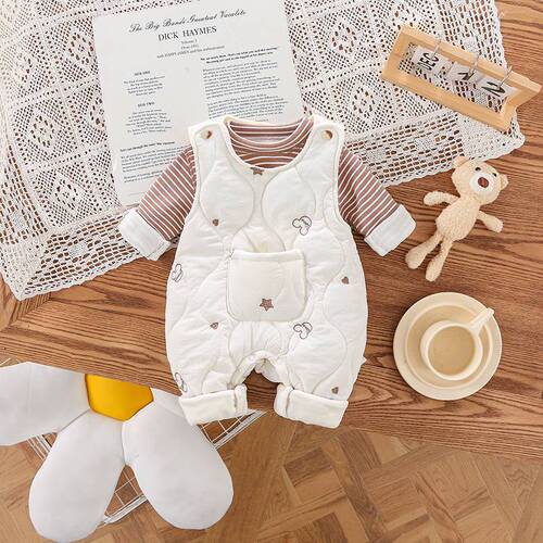Winter unisex baby Korean-style casual outerwear warm and thick strap pants with teddy bear wide shoulder padded strap set