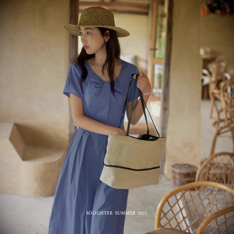 French Retro V-Neck Twist Shirt Dress Summer