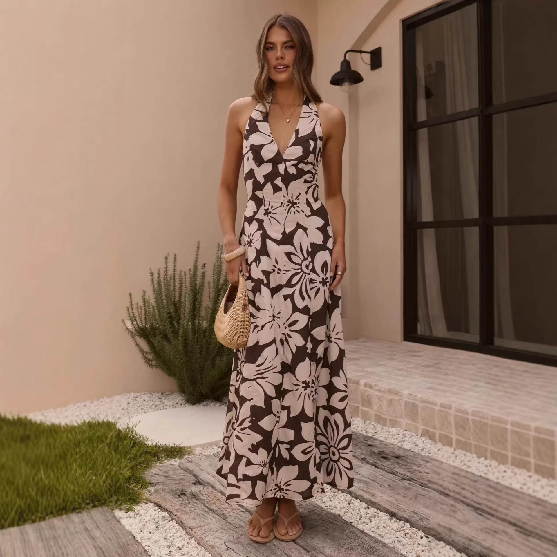 2026 Cross-Border European and American Amazon New Dress Printed V-Neck Halter Neck Sexy Slim-Fit Dress for Women