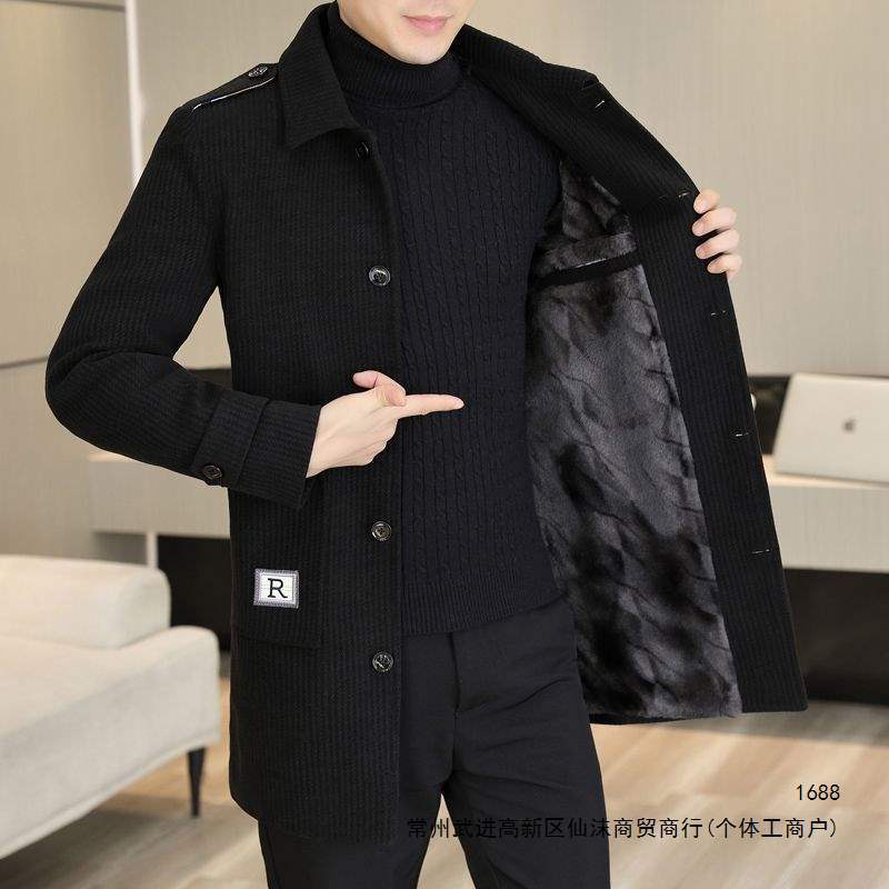 Men's Fleece-Lined Thick Wool Coat, Slim Fit, Mid-Length Corduroy Trench Coat, Korean Style, Versatile Outerwear, Trendy
