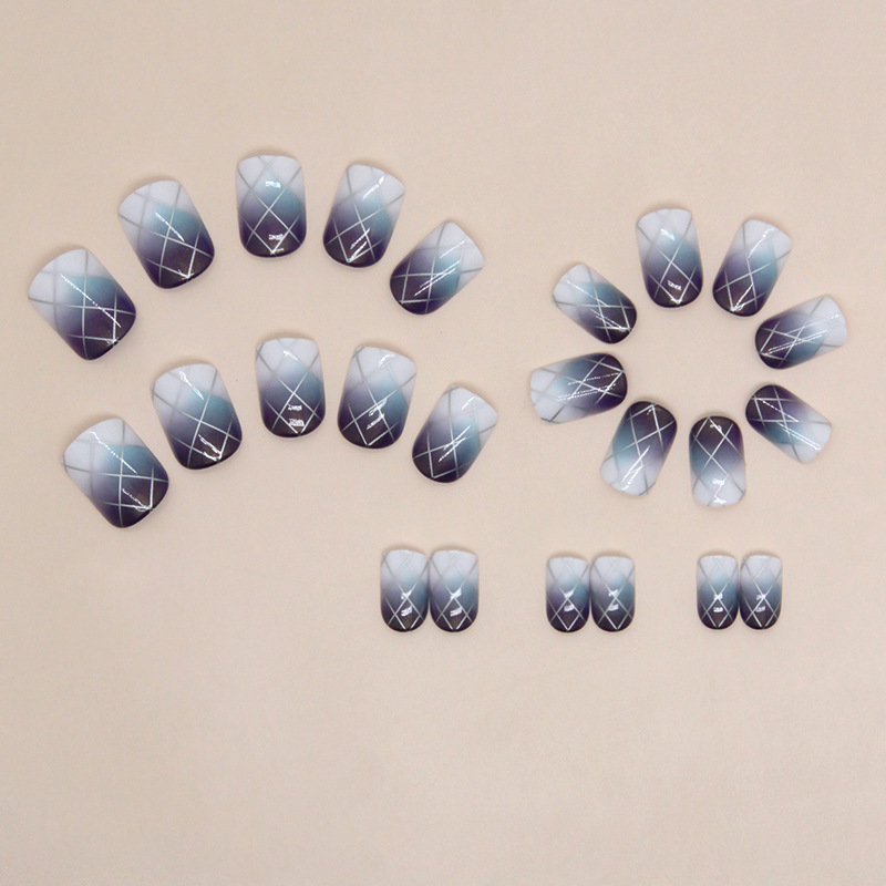 Purple Blue Halo Dyed Plaid False Nails Square Shape Press Ons_voghion.com