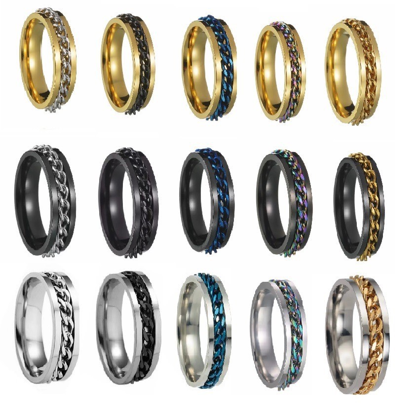 Cross-Border Supply Fashion Personality Versatile Stainless Steel Rings for Men and Women Rotating Chain Titanium Steel Ring Jewelry Wholesale