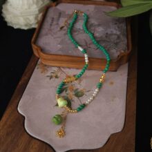 树脂西藏走仪原创设计手作绿珠精工阿呆多彩珠珠铜合金镀金项链