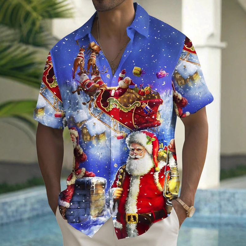 Christmas Print Men's Chest Pocket Stretch Shirt plus size Tall Creative Funny All-Match