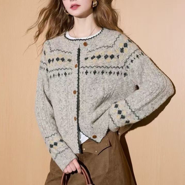 [Cream Sweater] 2025 Winter New Merino Wool Sweater Fair Isle Cardigan Jacket for Women
