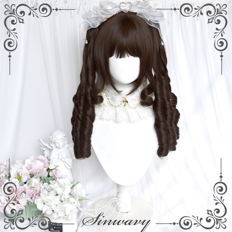 Wig Women's Lolita Long Curly Hair Dark Brown Elegant Retro Roman Roll Tiger's Mouth Clip Pony Tail Lolita Wig