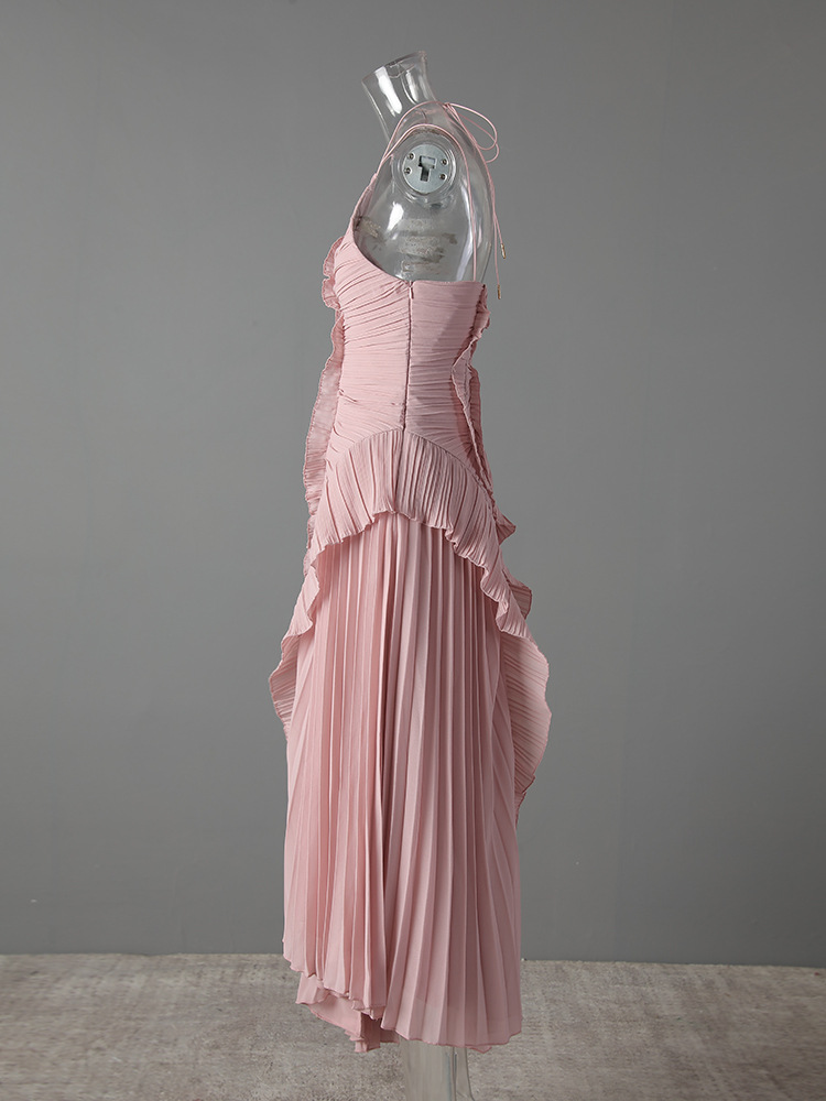 Elegant Chiffon Wrap Neck Maxi Dress With Ruffles & Backless Design For Vacation & Party,Enhances Your Curves While Elongating Your Silhouette._ecoleips.com