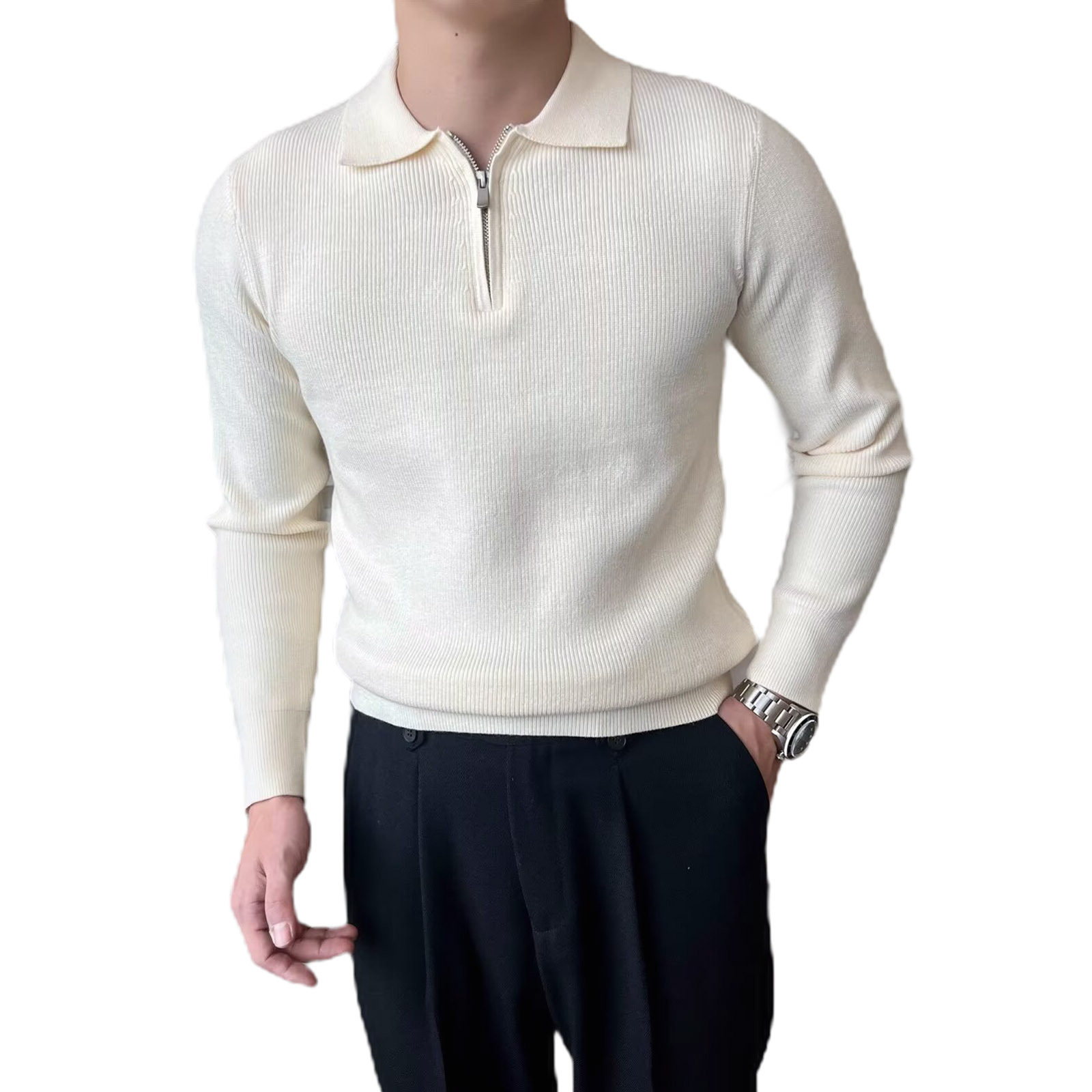 Explosiones transfronterizas de tamaño grande europeo polo camiseta con solapa camiseta de punto suéter hombre medio cremallera vieja fábrica de qianfengqiu mayorista