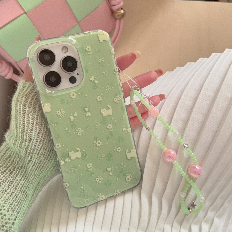 Glitter Green Flower Cat Phone Case for iPhone 17 Pro Max, Apple 16, 14, Women's Double-Layer 13 with Chain