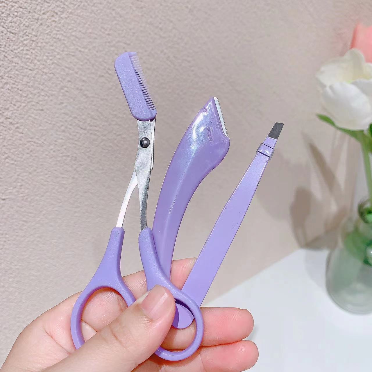 NOVO6083 Three pack portable stainless steel scraping and trimming scissors set, eyebrow knife tweezers_voghion.com