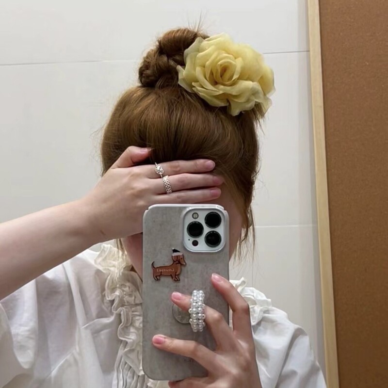 韓国の東大門と同じスタイルのガーゼフラワー甘いヘアピン椿グリッパーボールヘッドポニーテールエレガントなヘアアクセサリーシャーククリップ|undefined