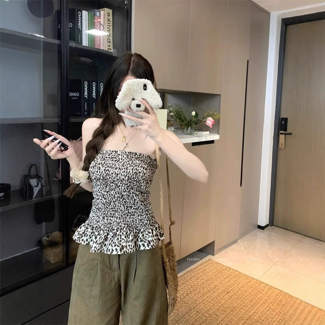 Внешняя торговля, трансграничный сексуальный стиль, ретро-топ с леопардовым принтом, женский летний сексуальный топ без рукавов с обертыванием груди и затягиванием талии