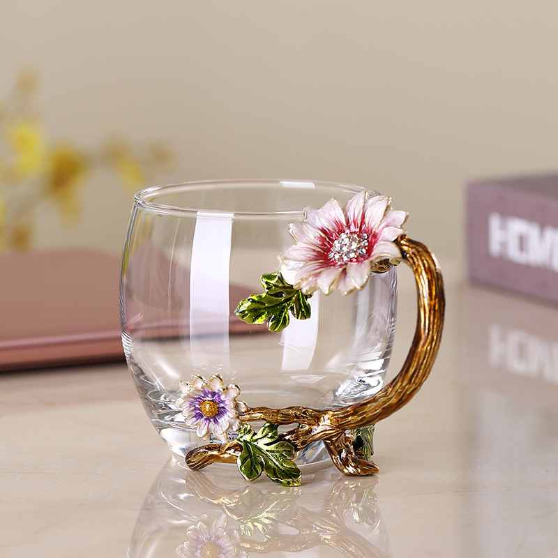 París marzo esmalte taza de agua de cristal resistente a altas temperaturas taza de té de flores para regalar a la novia maestros regalo de té