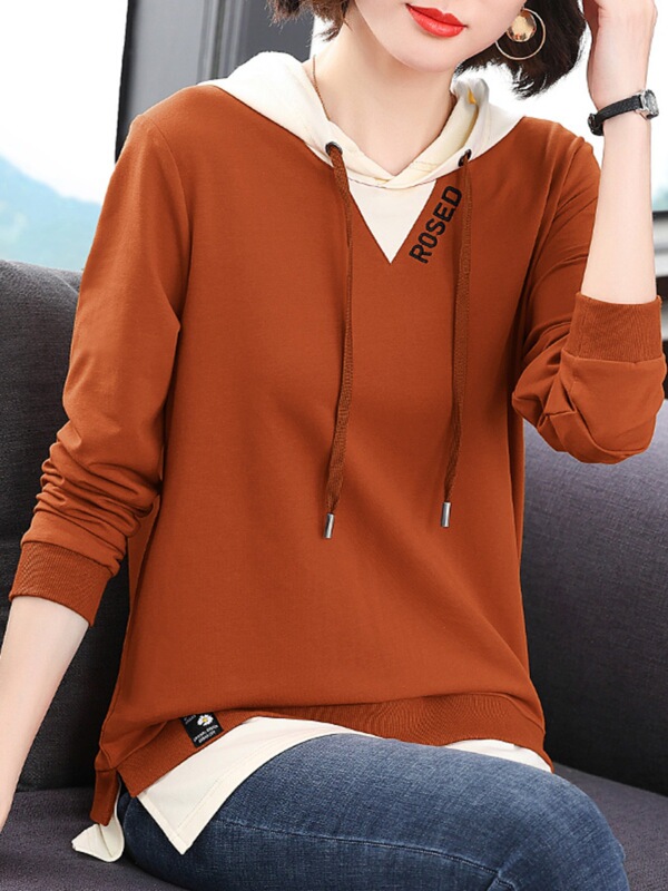 Pure Cotton Faux Two-Piece Sweatshirt for Women, New Spring Style, Stylish Long-Sleeve Hooded Mid-Length Top, Base Layer Shirt