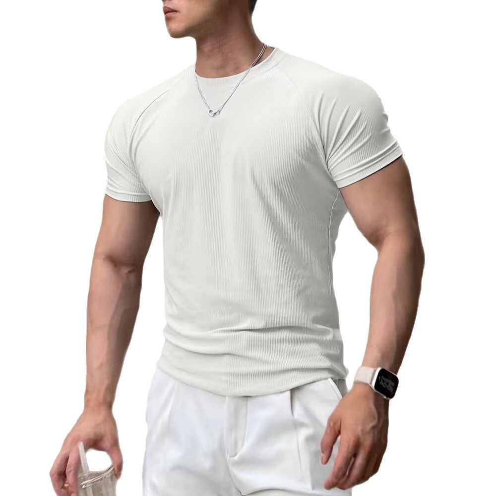Men's Performance Stripped T-Shirt – Quick-Dry Stretch Muscle Tee With Raglan Sleeves For Gym & Streetwear (Gray, White, Black)_voghion.com