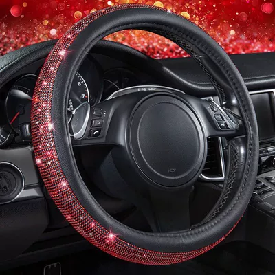 Source Factory Cross-Border Rhinestone-Embellished Leather: Steering wheel cover - red-diamond-38cm